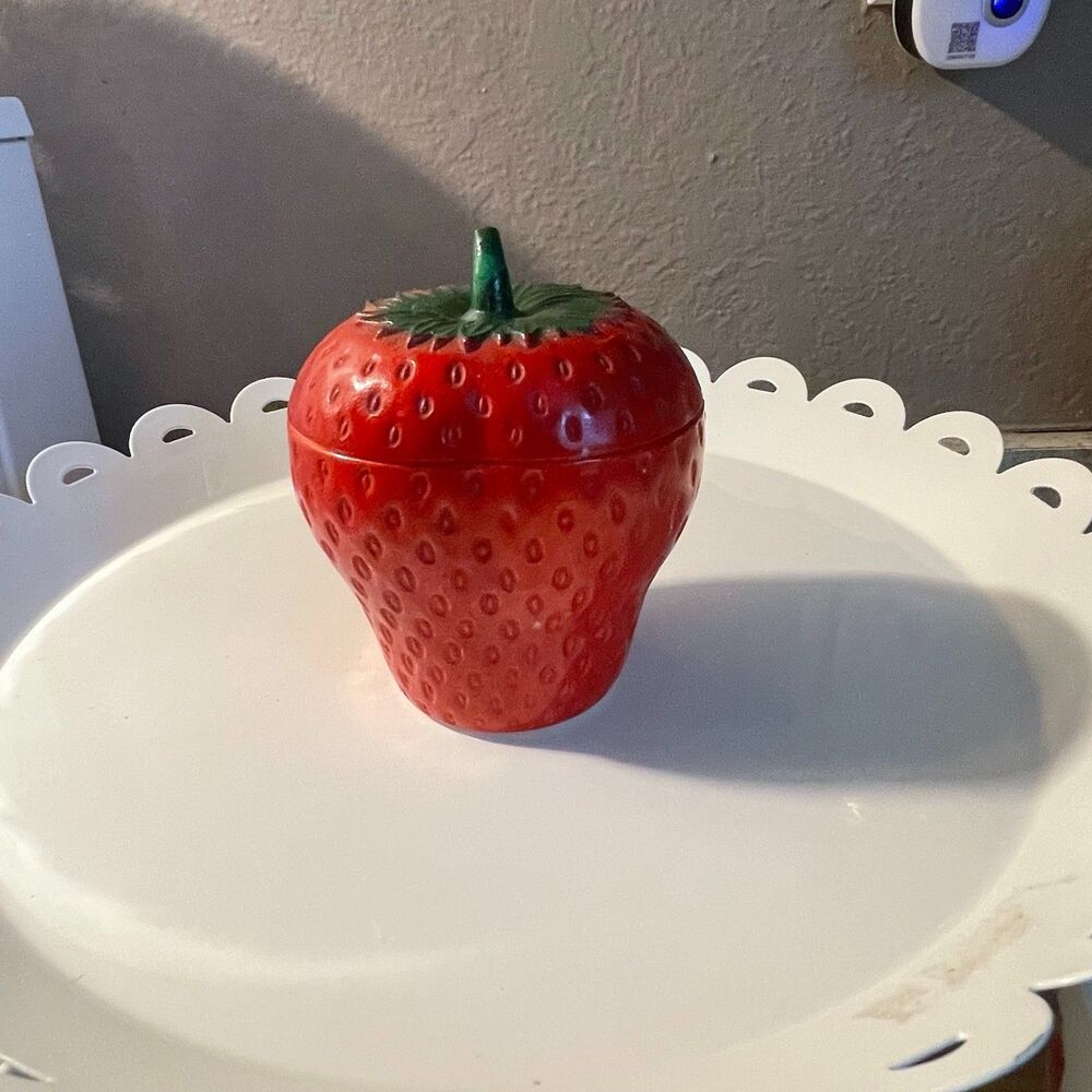 Vintage Hazel Atlas Strawberry Jam Jar Painted Milk Glass Lid 1940s Kitchen